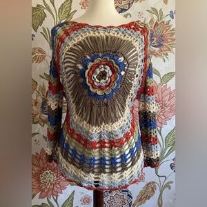 Atmosphere Colorful Crochet Boho Earthy Hippie Sheer Long Sleeve Top Size Medium